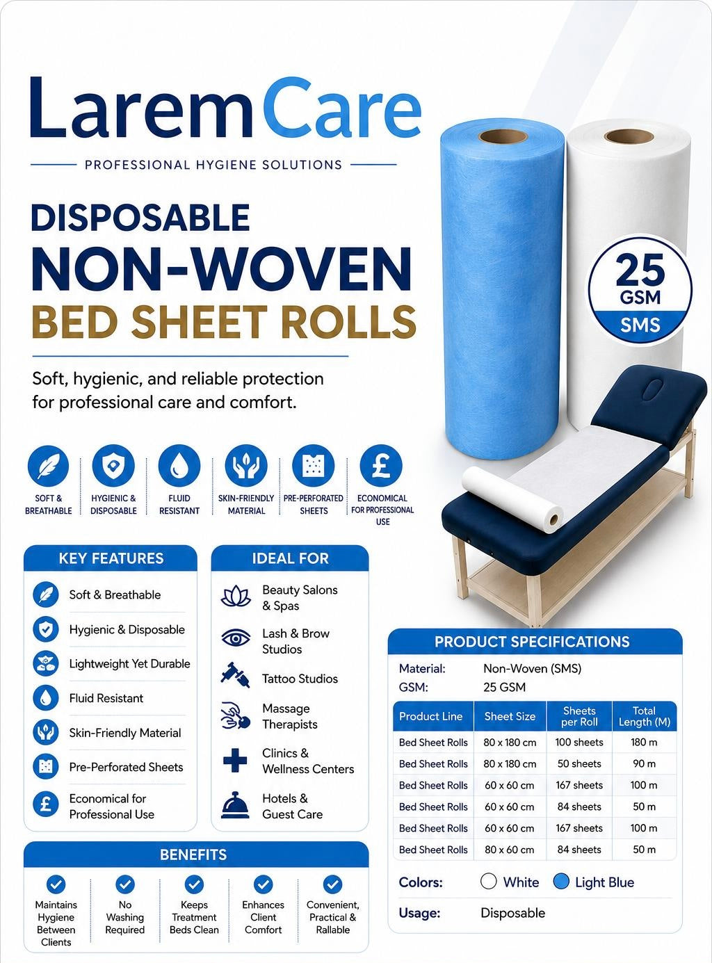 Non-Woven Disposable Bed Rolls 80x180 cm – 100 Sheets